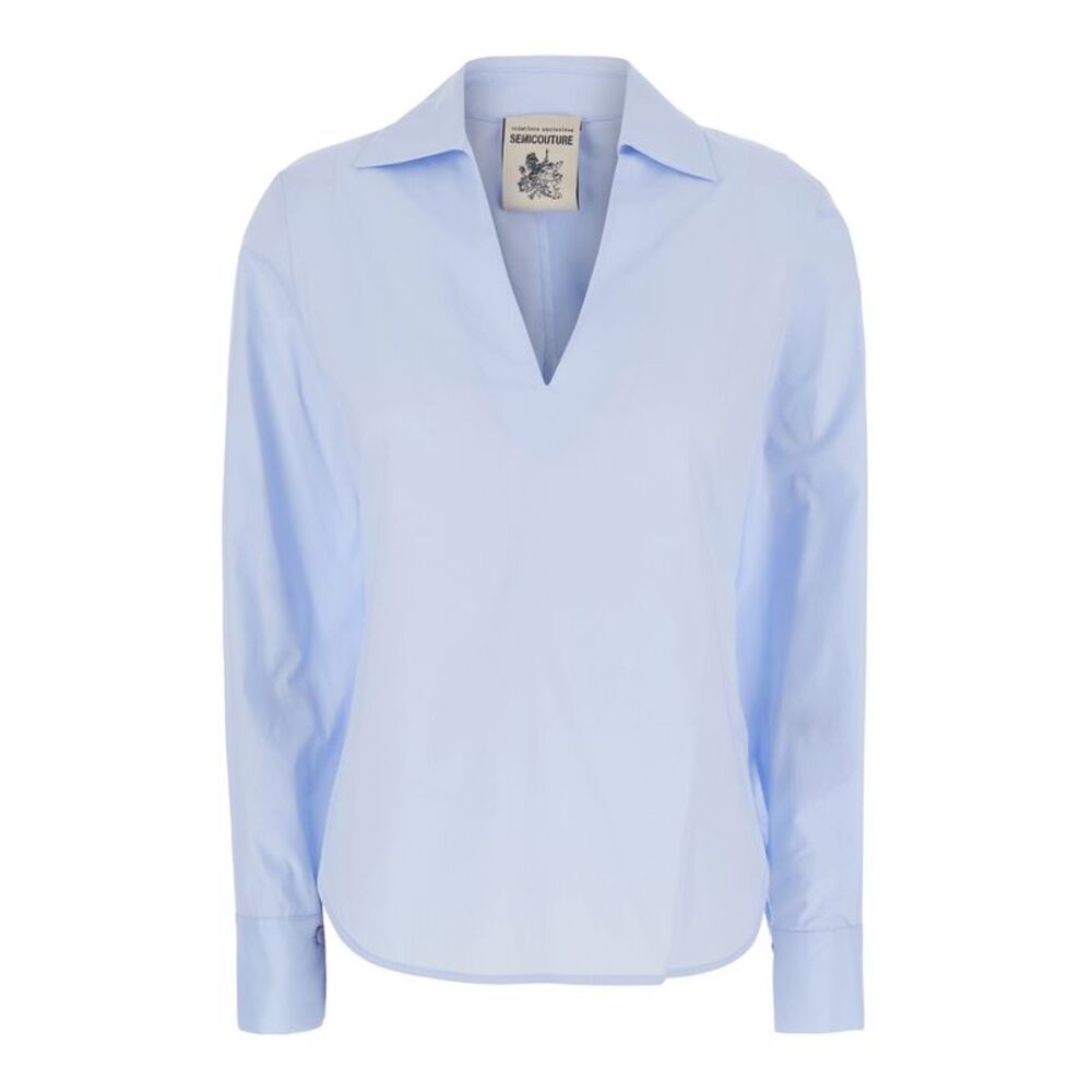 Semicouture Women Light Blue Shirt With V-Neck In Cotton For Woman